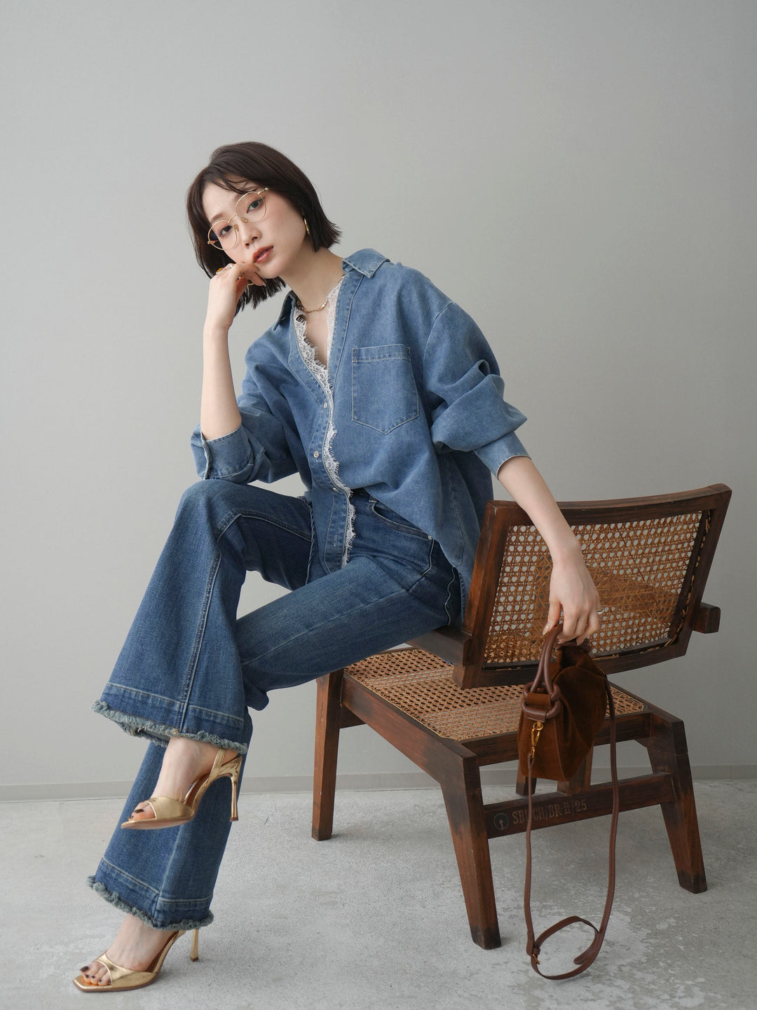 [SET]レースレイヤードデニム開襟シャツ+フリンジデザインセミフレアデニム(2set)