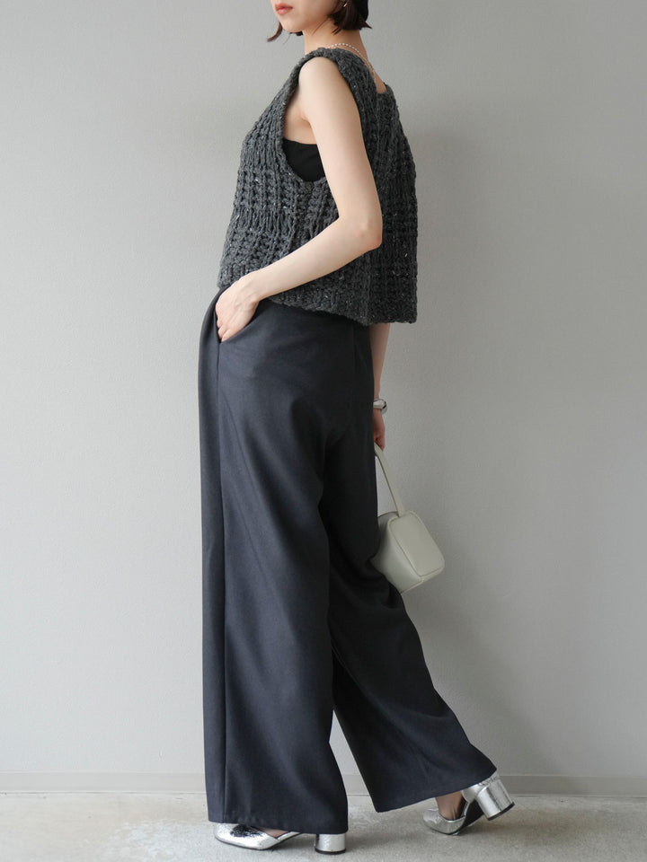 [予約]レザーパイピングタックワイドパンツ/グレー