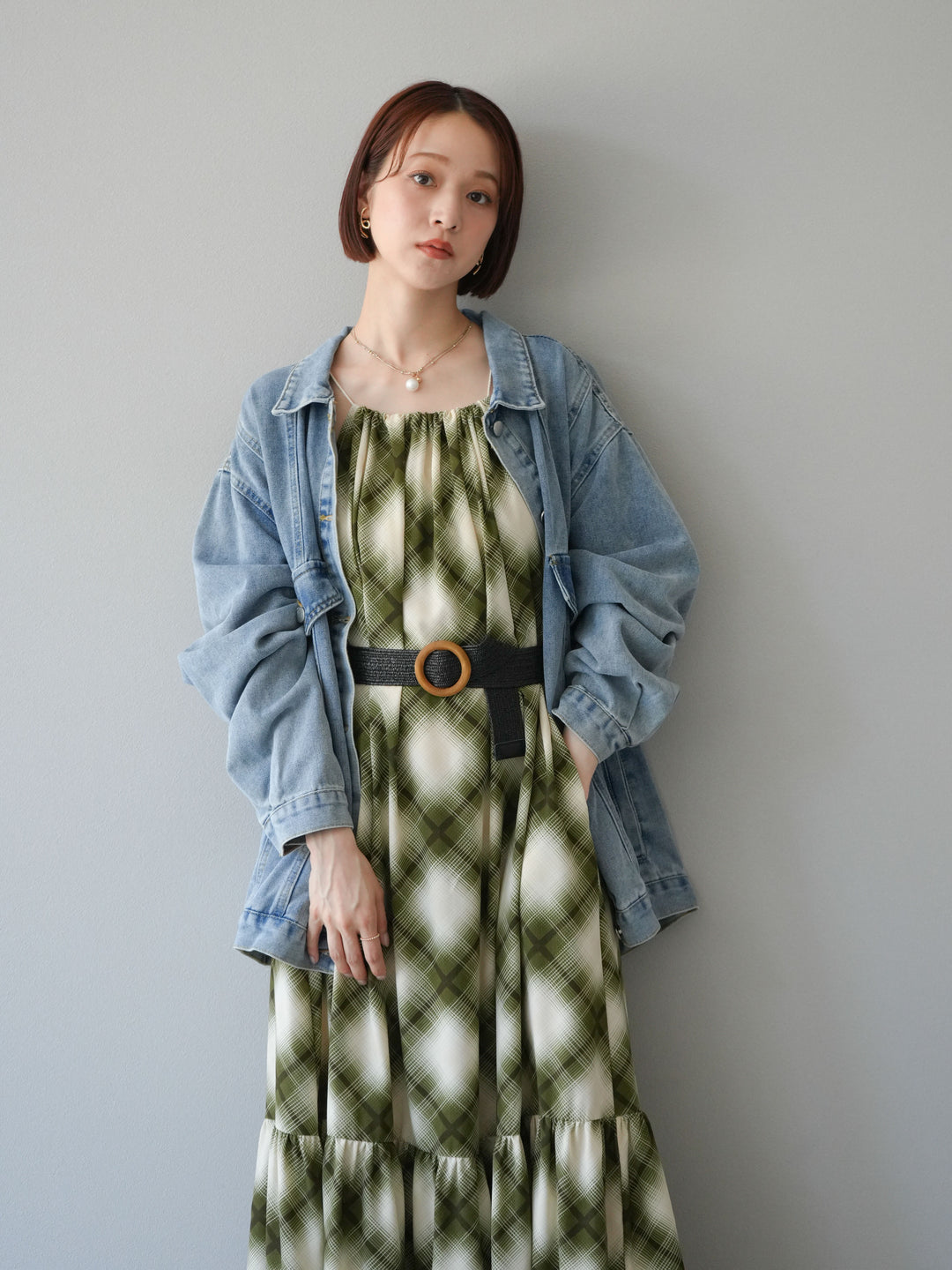 [SET]ベルト付チェックノースリーブワンピース+ビンテージデザインBIGデニムジャケット(2set)