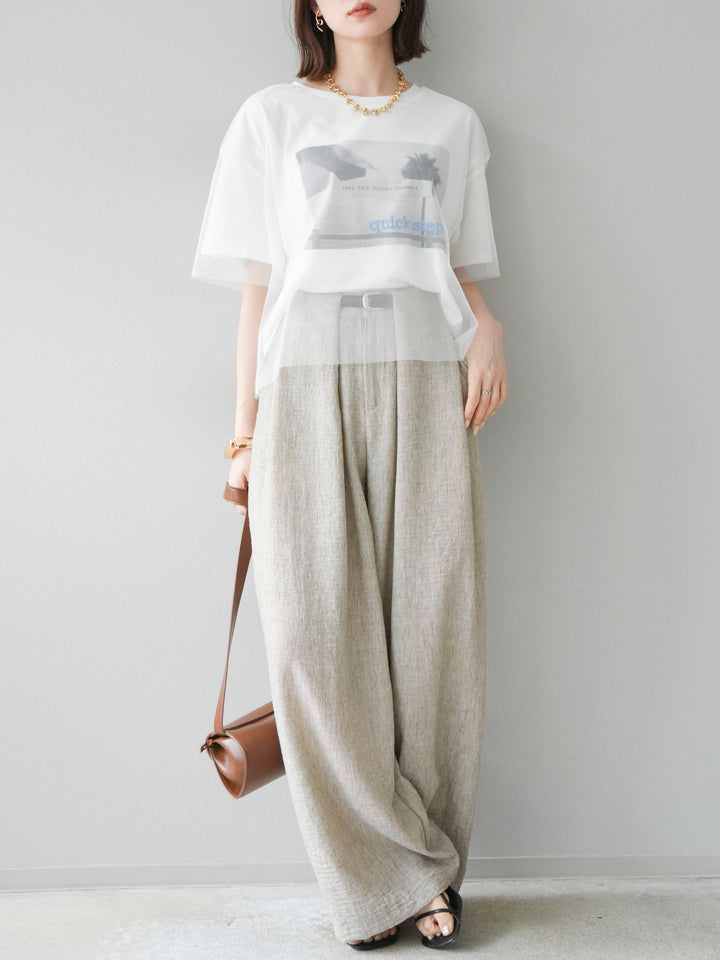 [予約]リネンライクベルト付タックループワイドパンツ/ベージュ