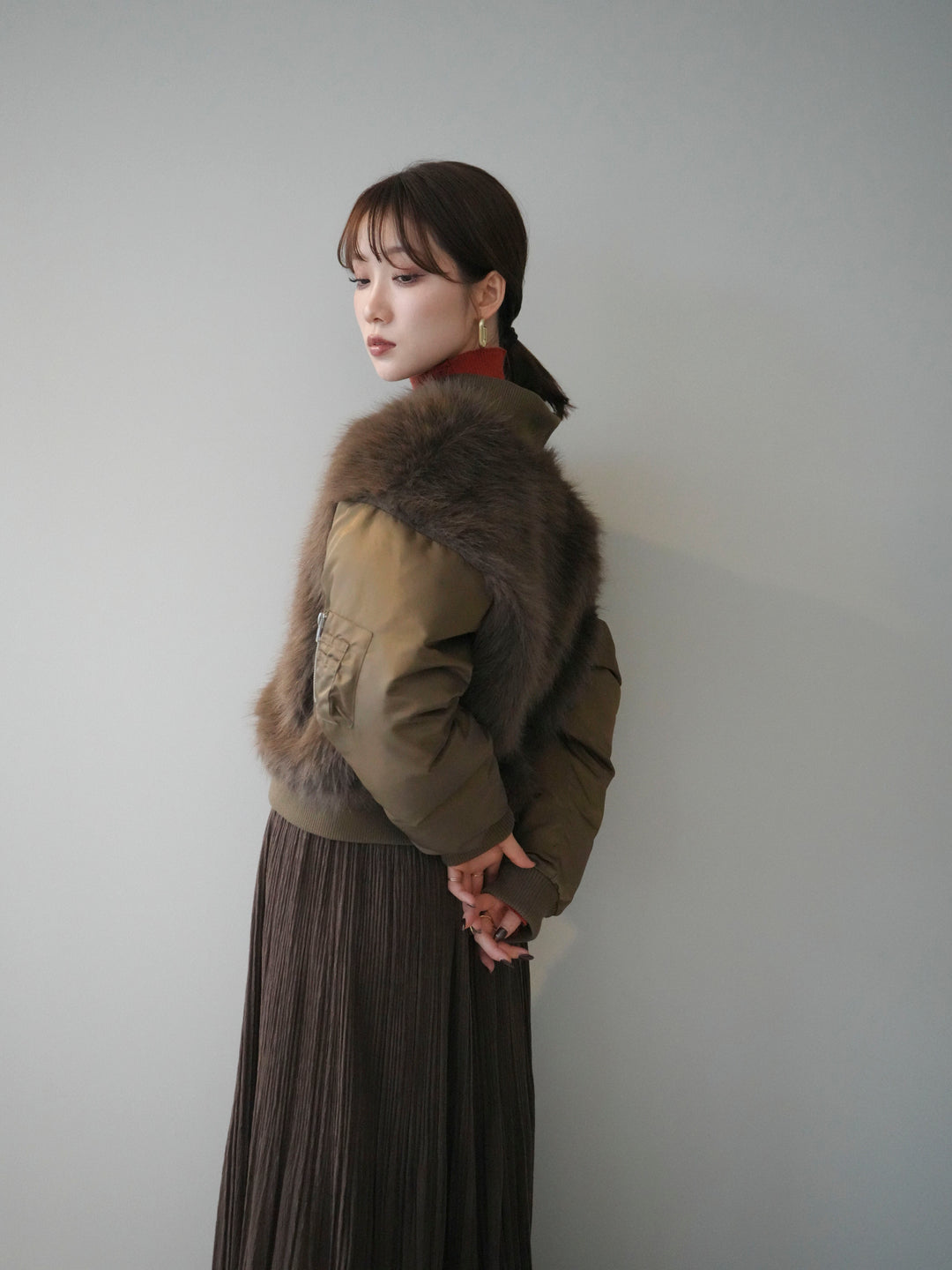 [SET]ファードッキングMA-1+袖ボタンボトルネックリブニットトップス(2set)