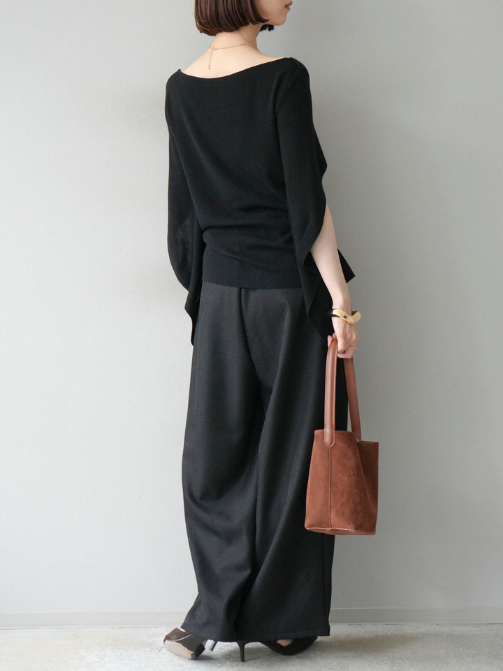 [予約]レザーパイピングタックワイドパンツ/ブラック