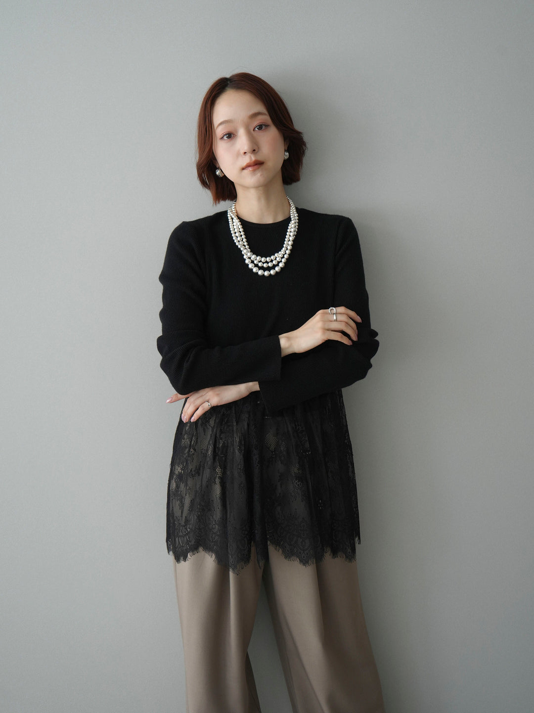 [SET]クルーネックレースドッキングリブニットトップス+ベルト付キーホルダーモチーフワイドパンツ(2set)