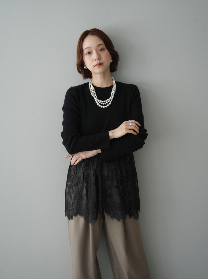 [SET]クルーネックレースドッキングリブニットトップス+ベルト付キーホルダーモチーフワイドパンツ(2set)