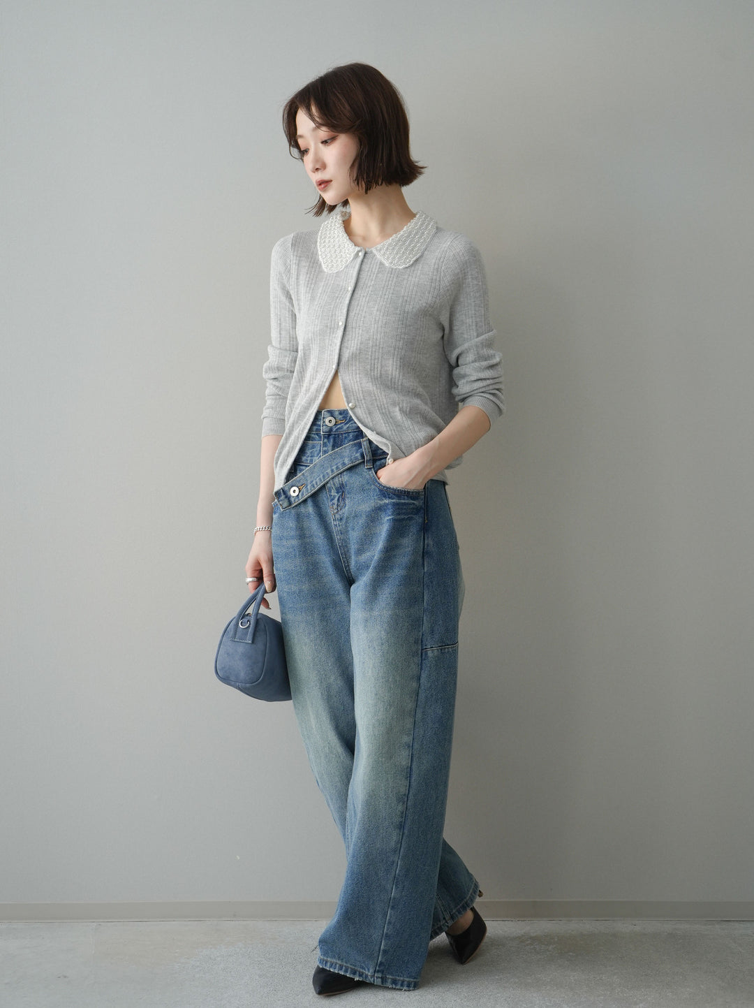 [予約]アシメデザインワイドデニムパンツ/blue