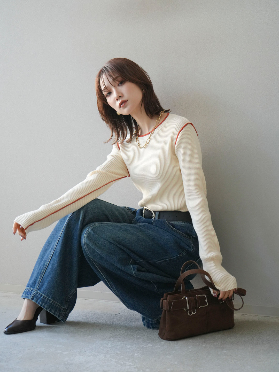 [予約]バイカラークルーネックリブニットトップス/ivory