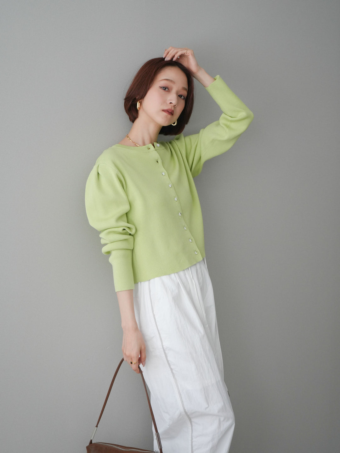 [SET]クリアボタンタックニットカーディガン+ドロストサイドラインナイロンパンツ(2set)