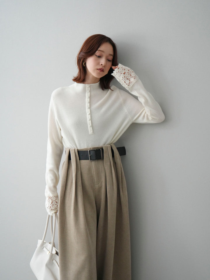 [SET]袖スカラップレースフロントボタンウールニットトップス+ベルトデザインループコールテンワイドパンツ(ベルト付き)(2set)