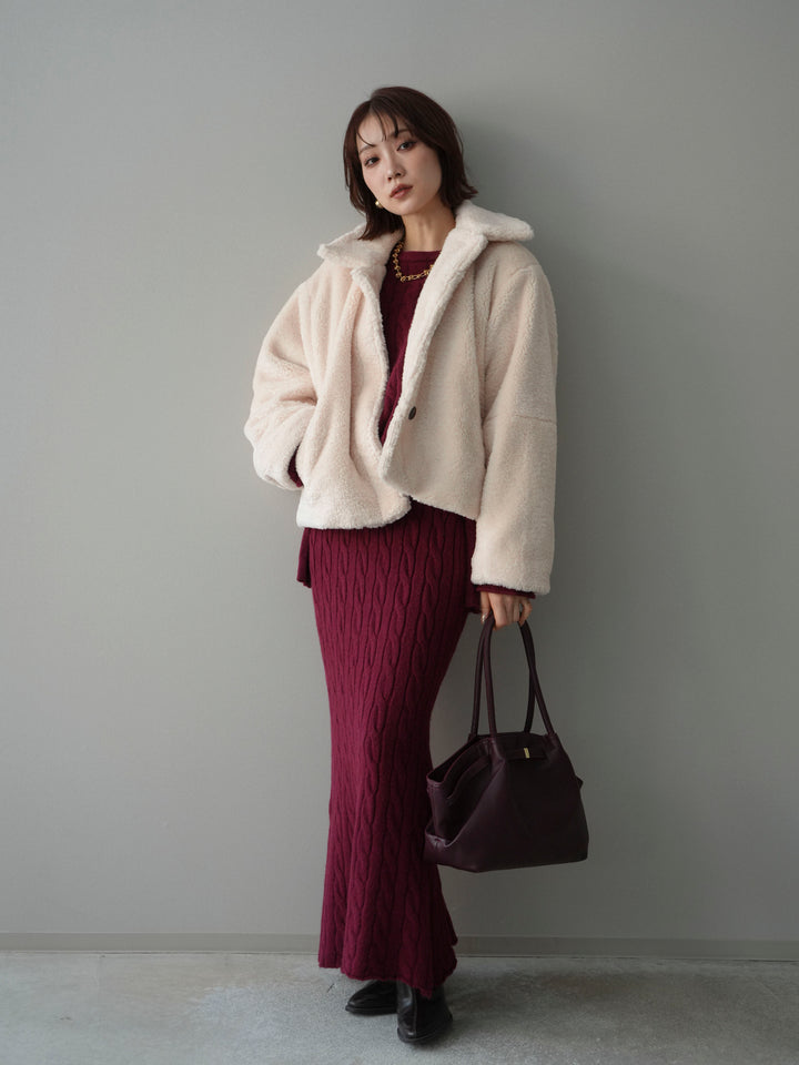 [SET]エコファーステンカラージャケット+ストール付ケーブルニットプルオーバー&ロングスカートSET UP(2set)