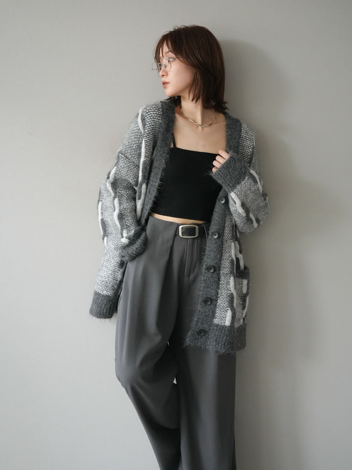 [SET]バイカラー編み込みデザインニットカーディガン+ベルトループデザインワイドパンツ(2set)