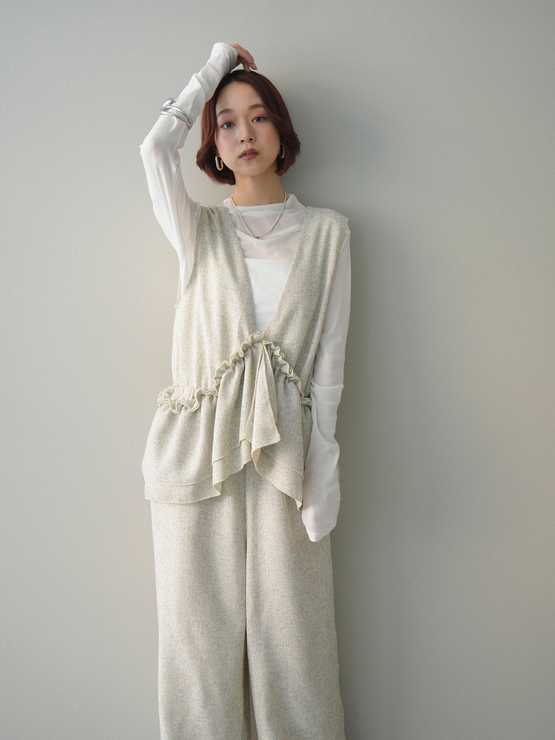 [SET]3WAYミックスツイードギャザーオールインワン+シアープチネックストレッチトップス(2set)