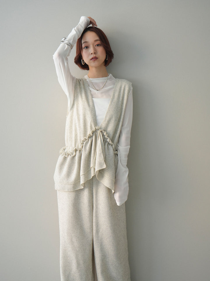 [SET]3WAYミックスツイードギャザーオールインワン+シアープチネックストレッチトップス(2set)