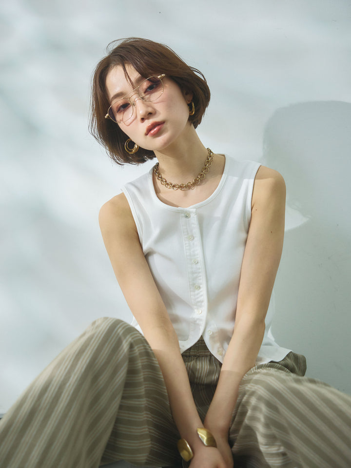 【Allure】[SET]フロントボタンテレコリブタンクトップ+フロントボタンテレコリブタンクトップ(2set)