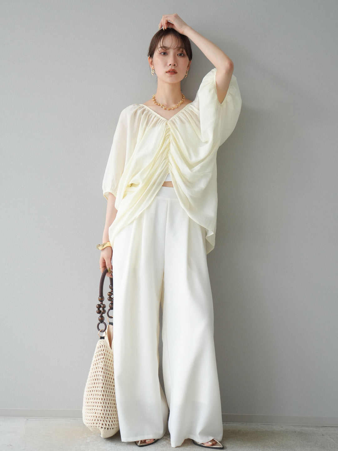 [SET]ボリュームスリーブシアータックブラウス+リネンライクイージーワイドパンツ(2set)