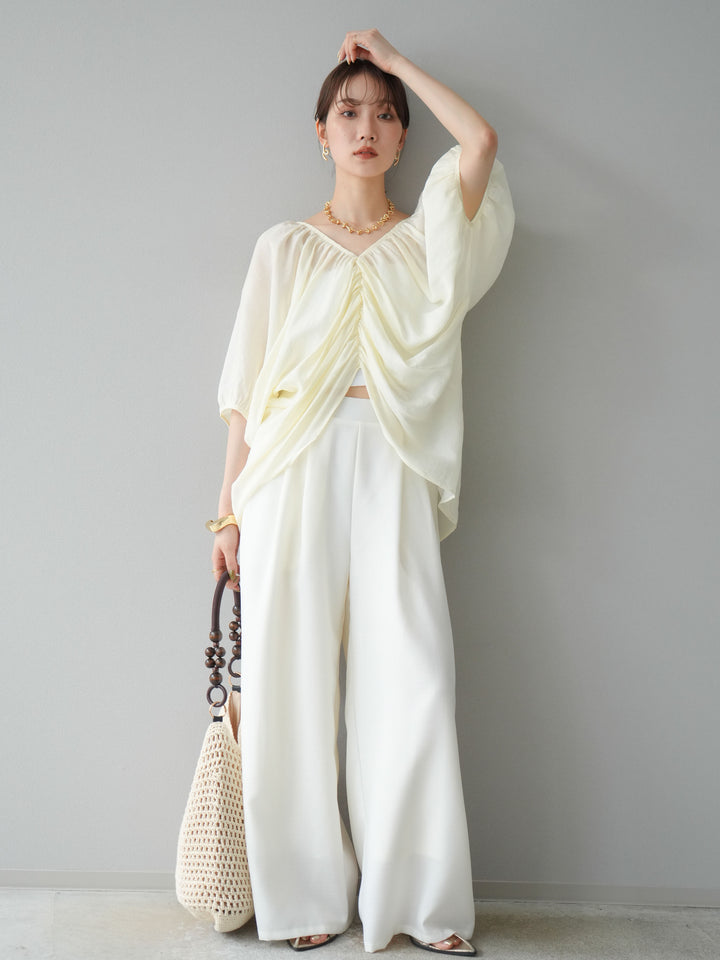 [SET]ボリュームスリーブシアータックブラウス+リネンライクイージーワイドパンツ(2set)