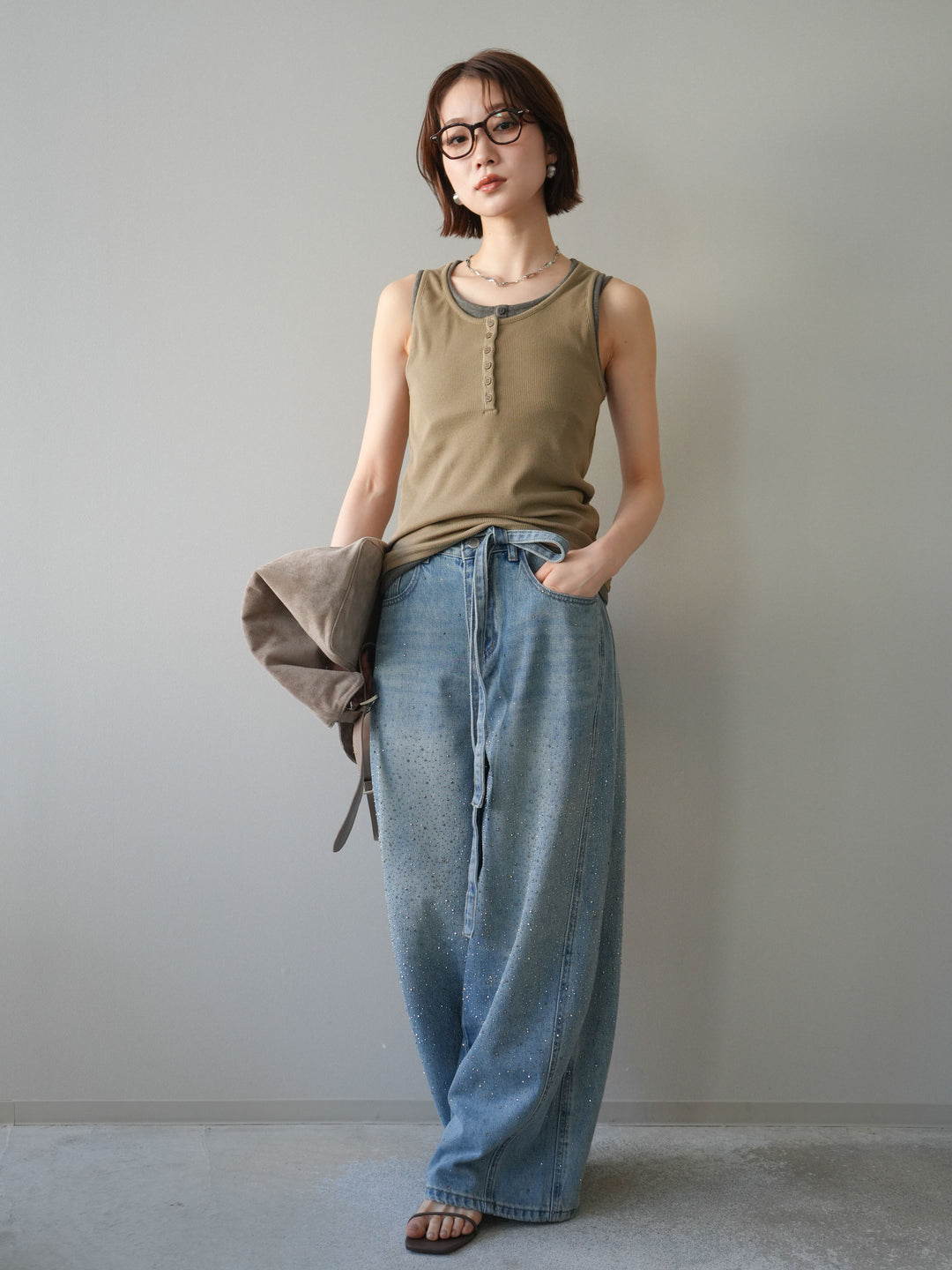 [SET]配色リブヘンリータンクトップ+ウエストベルトビジューワイドデニムパンツ(2set)