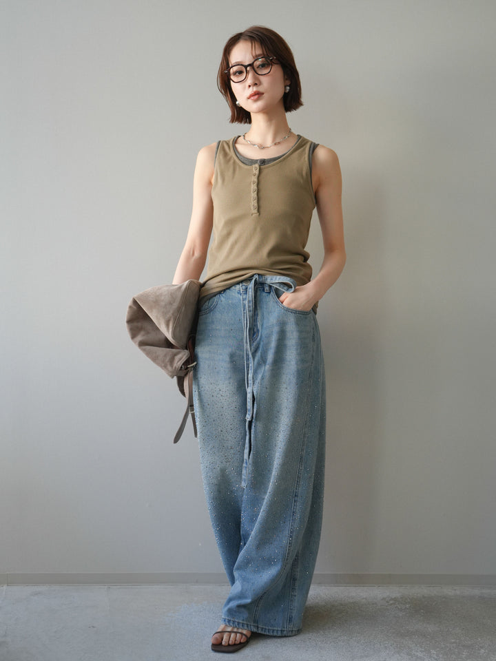 [SET]配色リブヘンリータンクトップ+ウエストベルトビジューワイドデニムパンツ(2set)
