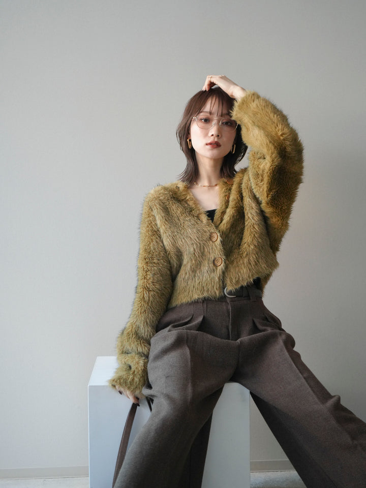 [予約]ミックスシャギーショートニットカーディガン/green