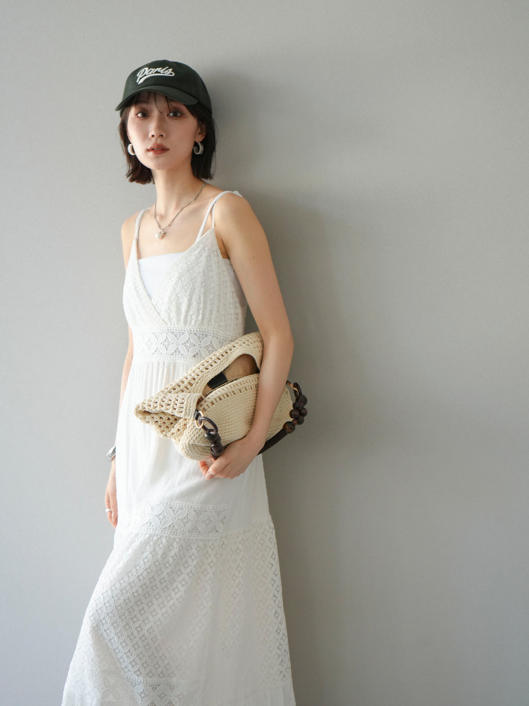 [SET] 蕾絲花邊吊帶裙+網紗羅紋罩杯吊帶背心（2件組）