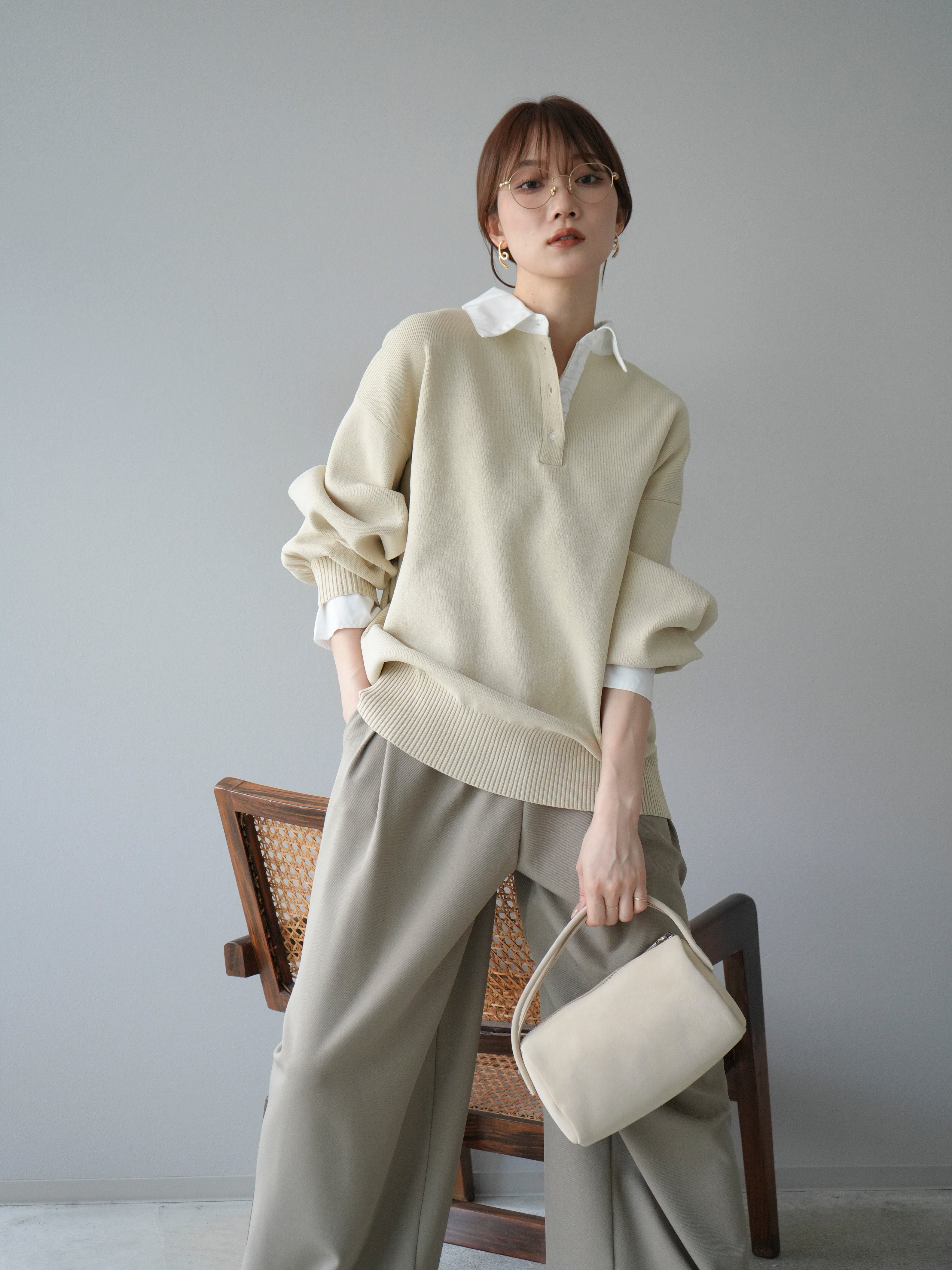 予約]襟付きポロニットプルオーバー/アイボリー – Lumier