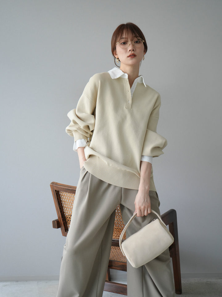 [預購] 領口Polo針織套衫/象牙白