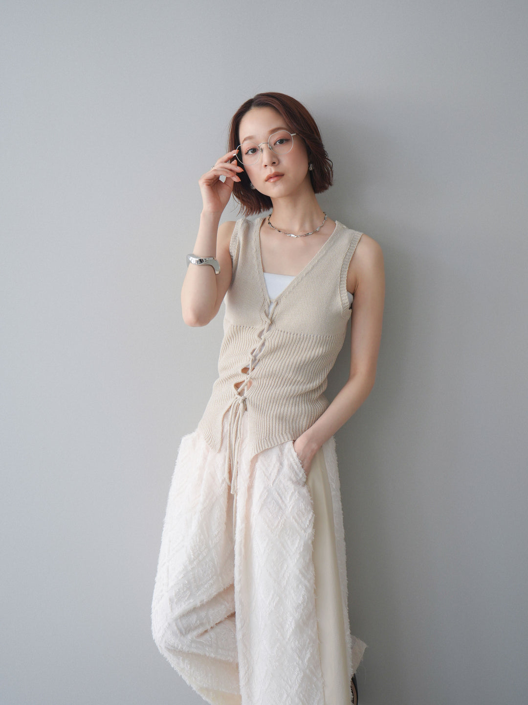 [予約]レースアップリブニットタンクトップ/beige