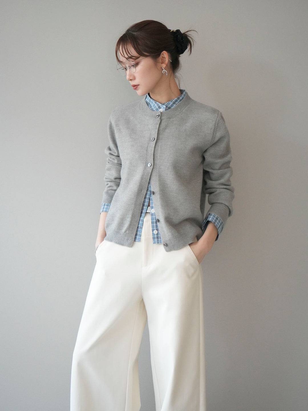 [予約]チェックシャツレイヤードデザインニットカーディガン/gray