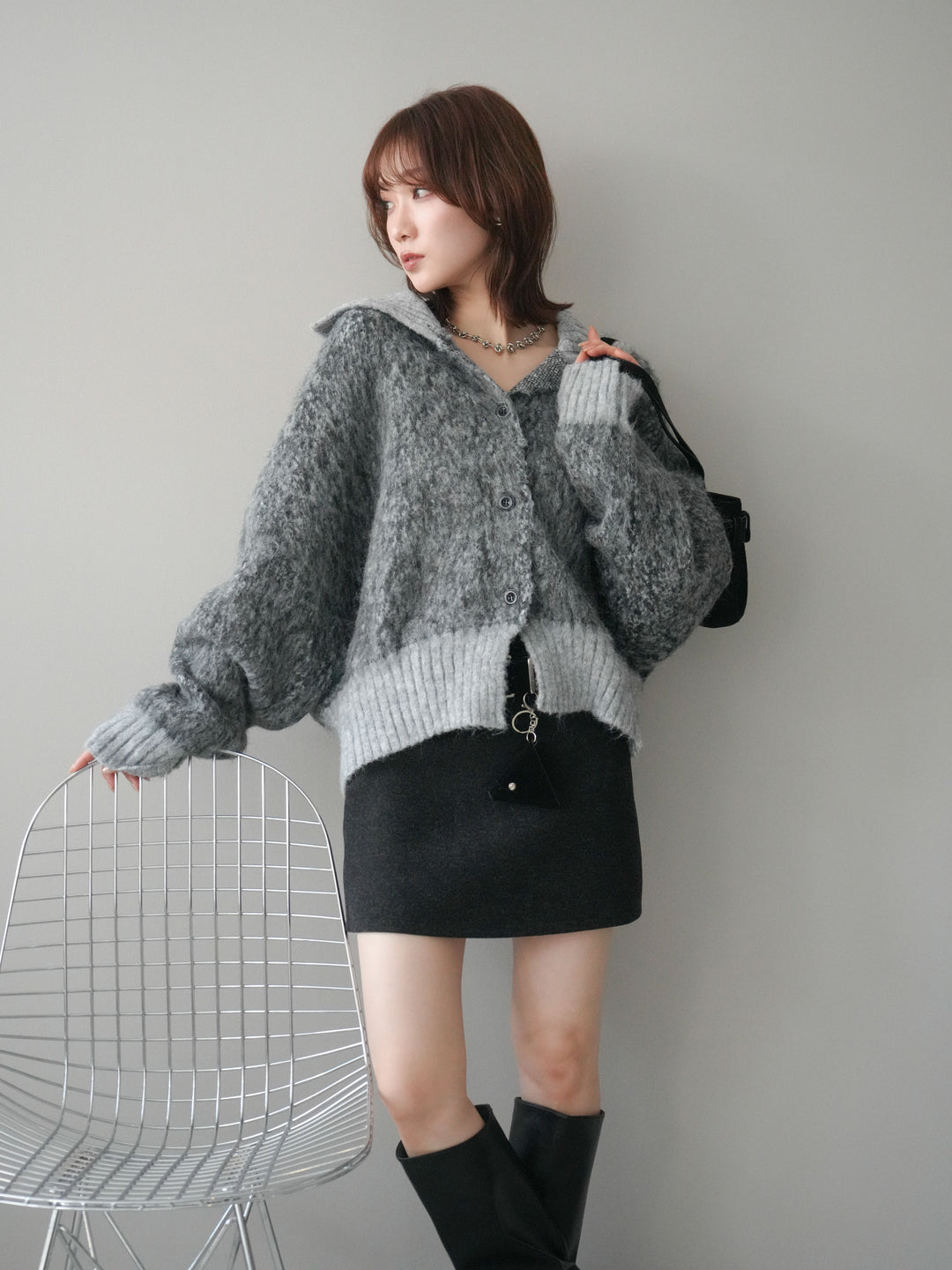 [予約]リブ切替メランジニットカーディガン/charcoal