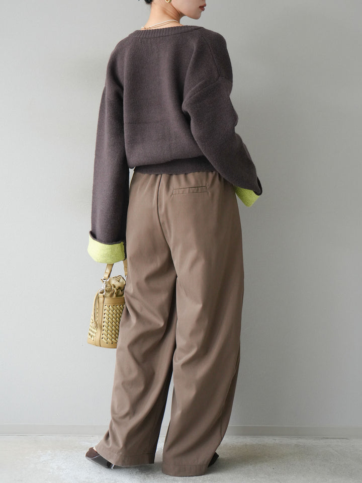 【SET】雙色針織開襟衫+褶襉設計寬褲（2套）