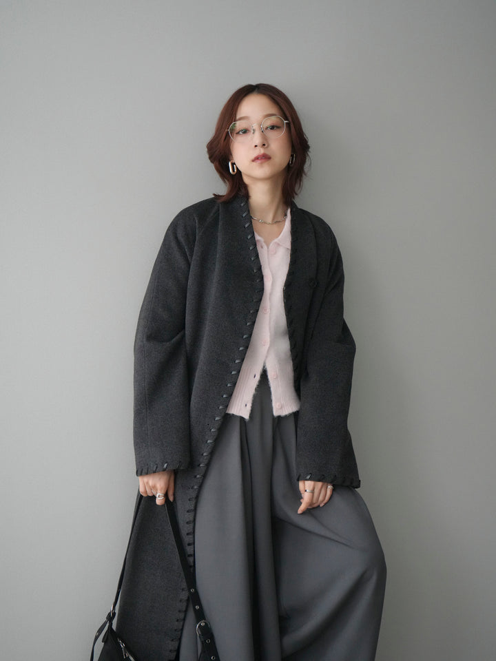 [SET]ハンドステッチ裏中綿ロングコート+モヘア衿付きボタンプルオーバー+テープベルトタックバギーパンツ(3set)