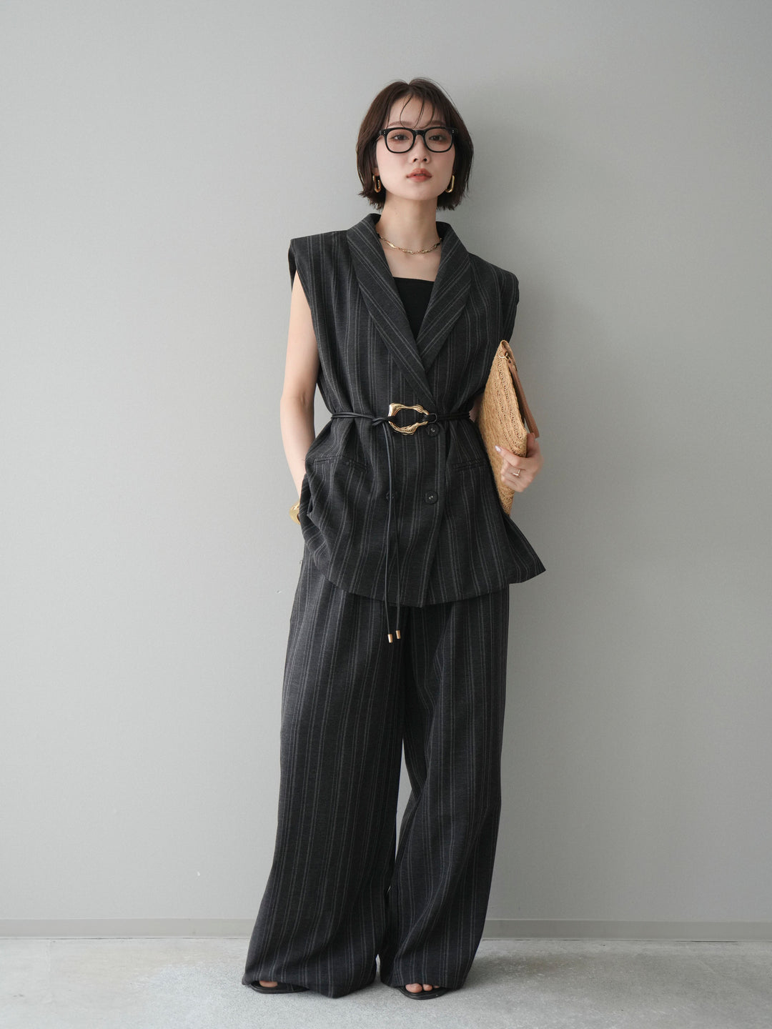 [SET]モチーフベルト付ストライプジレ＆パンツSETUP