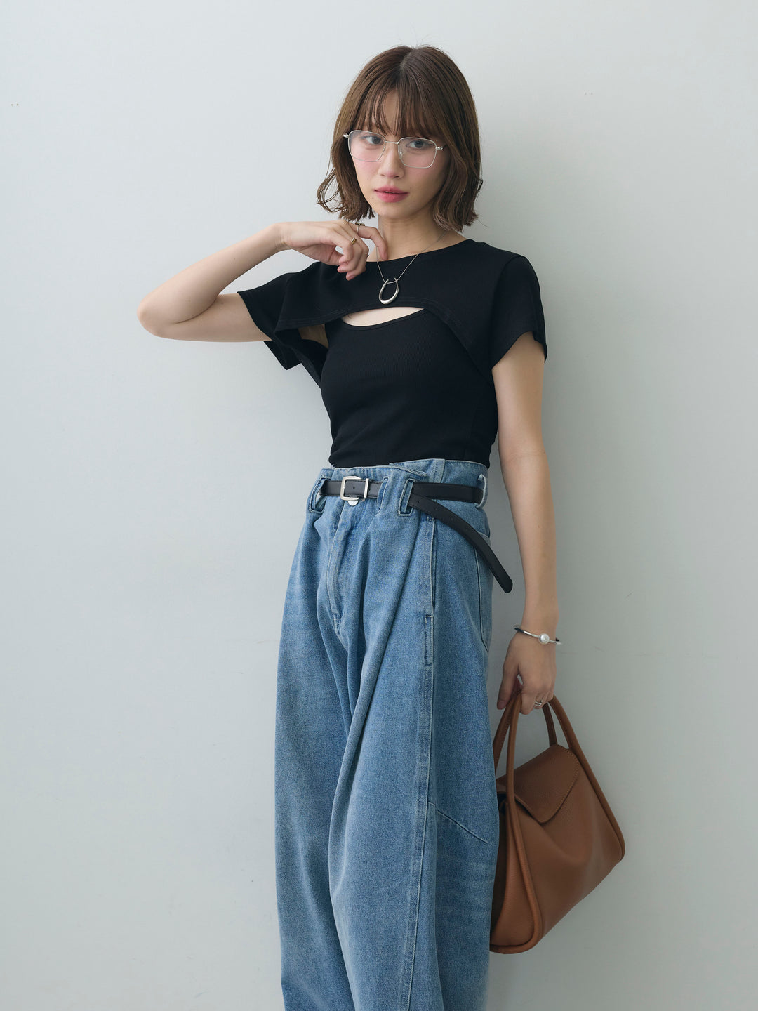 [SET]フロントオープンレイヤードトップスセット+ハイウエストベルトループデザインデニムパンツ(2set)