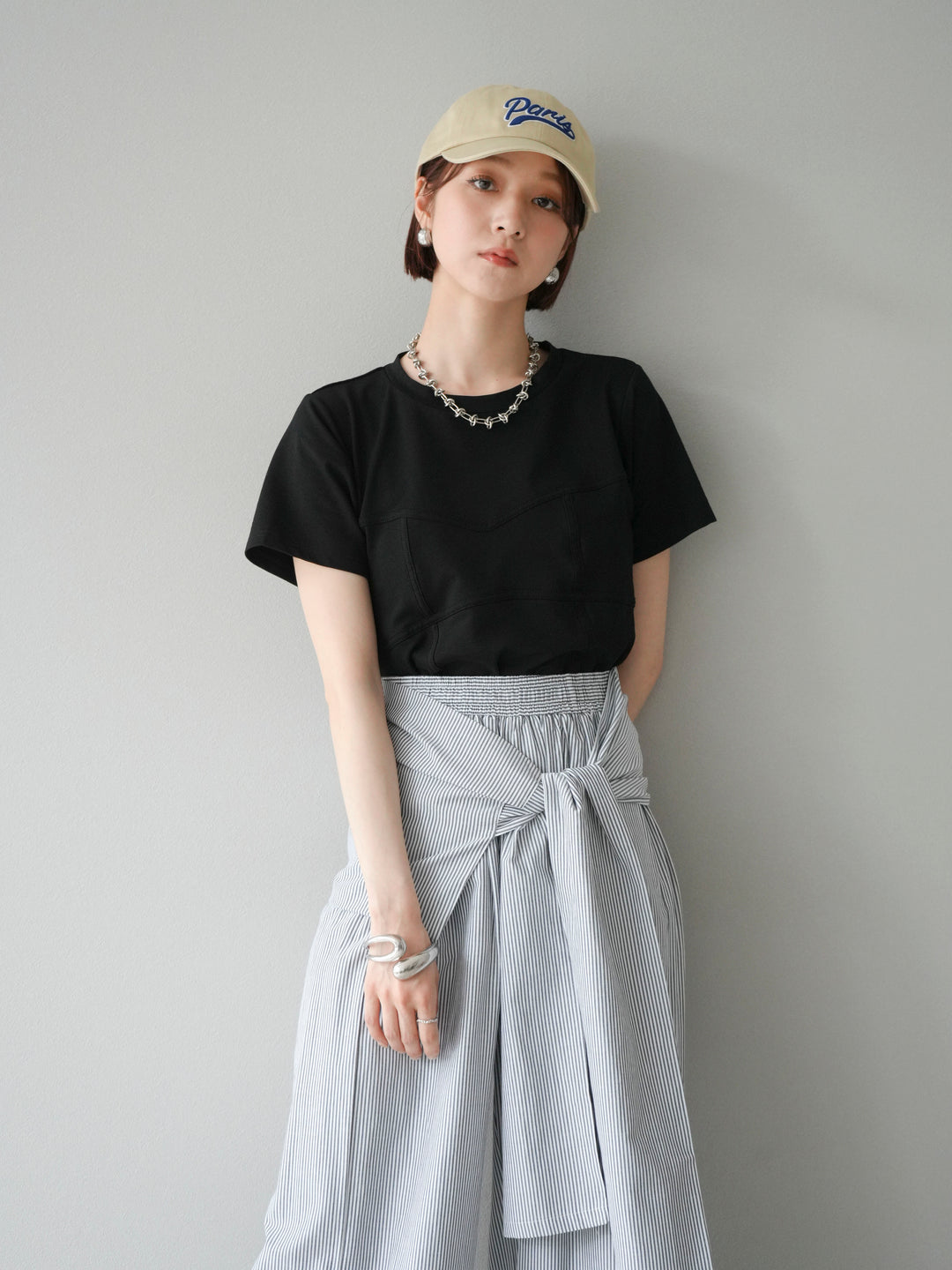 [SET]ビスチェデザインTシャツ+ウエスト巻きストライプイージーパンツ(2set)