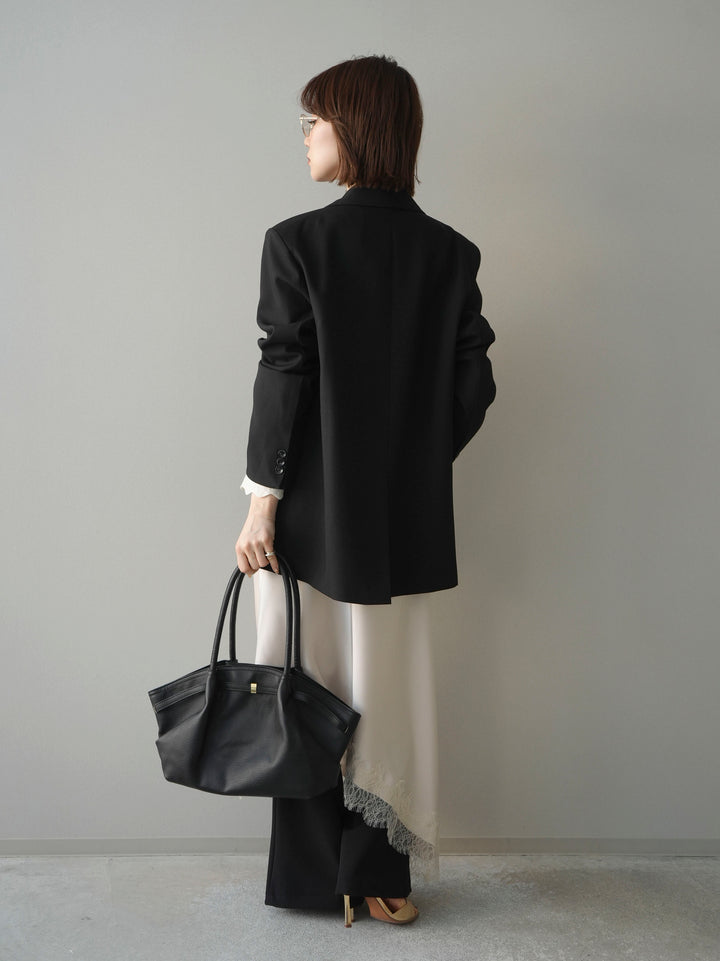 [SET]ダブルブレストオーバージャケット+レースネックジャガードニットカーディガン+サテンライクアシメレーススカート+センターシームフレアパンツ(4set))