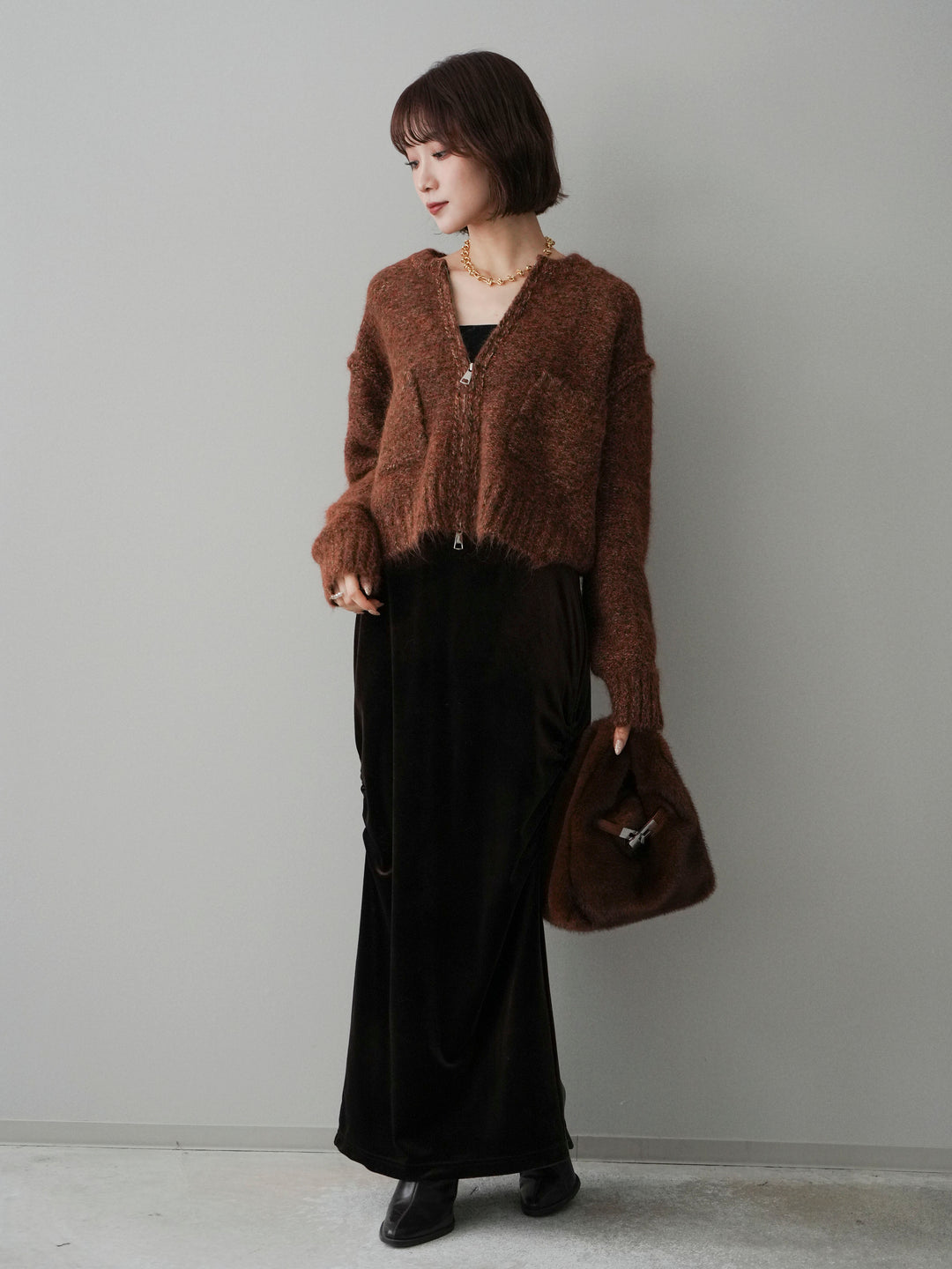 [SET]ミックスヤーンダブルZIPニットカーディガン+ギャザーベロアスカート(2set)