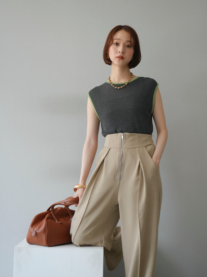 [予約]リネンタッチ配色ニットノースリーブプルオーバー/チャコール