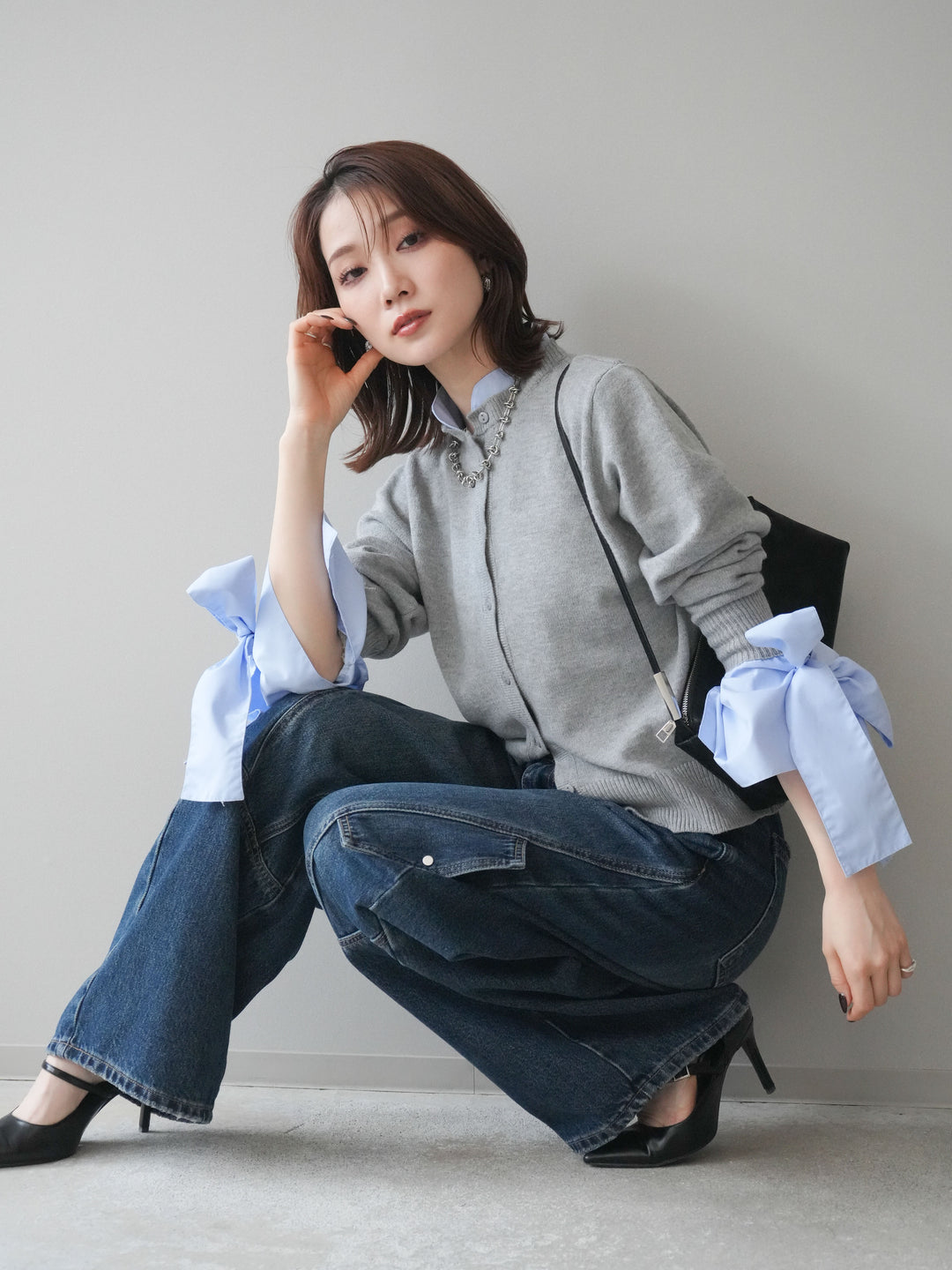 [予約]ウールライクリボンシャツカーディガン/gray