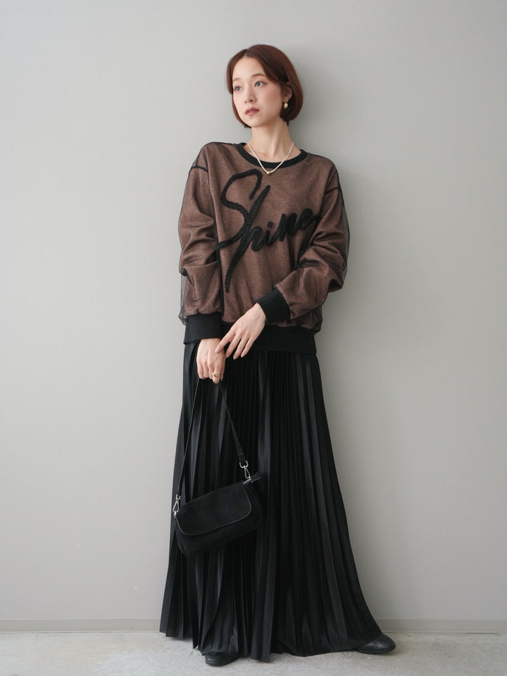 [SET]チュールレイヤードロゴスエットプルオーバー+サテンプリーツマキシスカート(2set)
