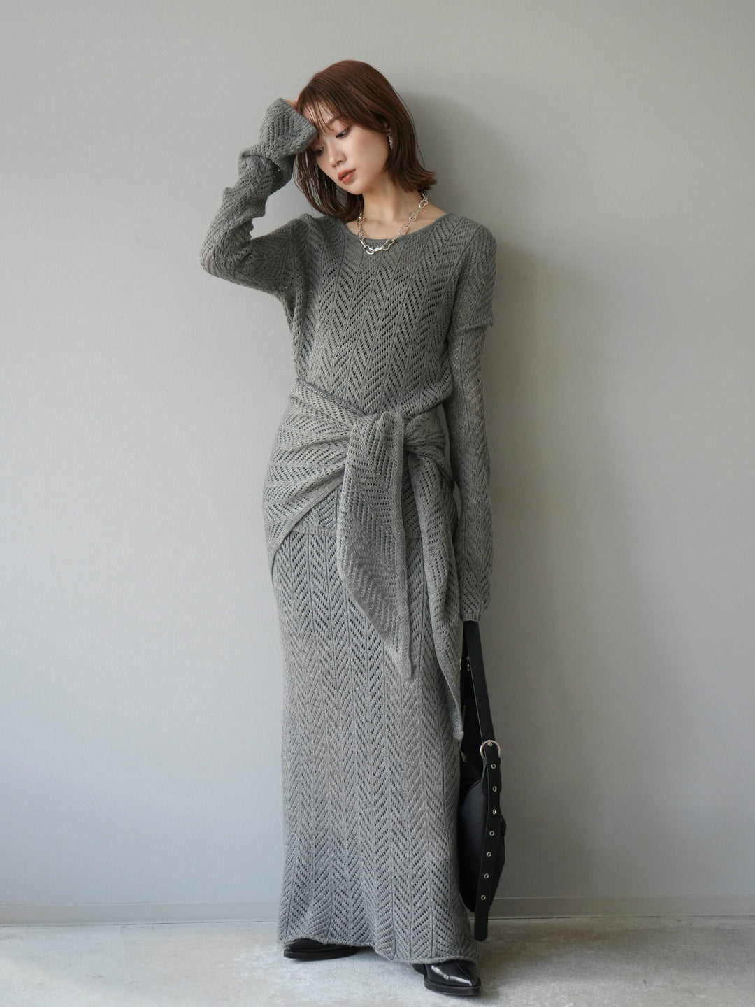 [予約]透かし編みニットトップス/グレー