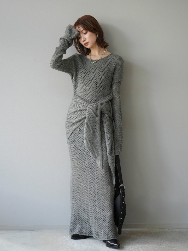 [予約]透かし編みニットトップス/グレー