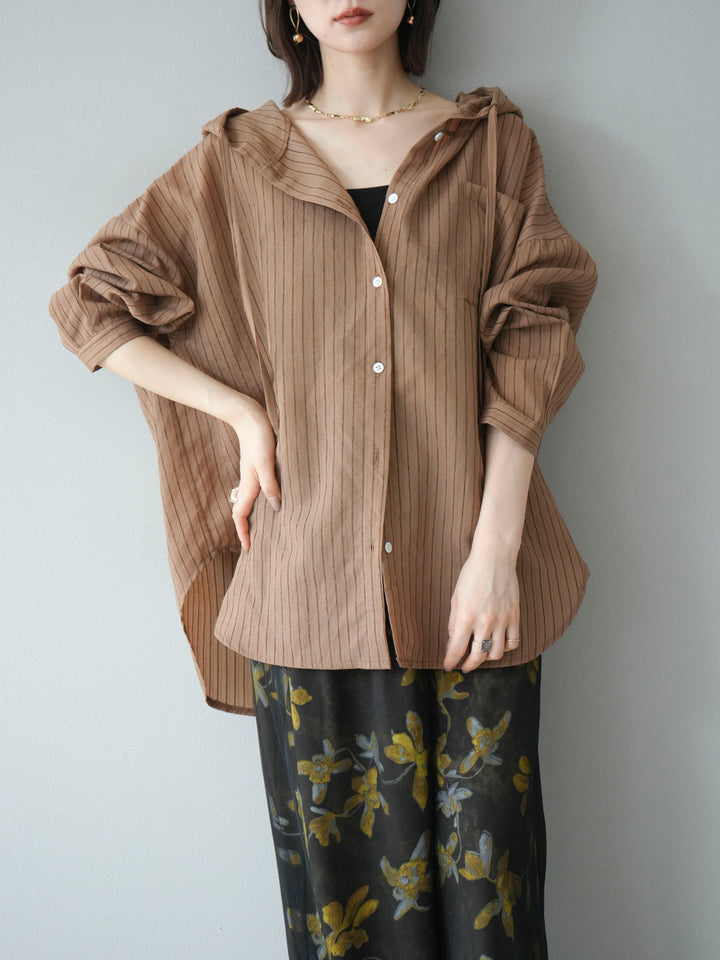 [予約]ワッシャーストライプフーディーシャツ/ブラウン