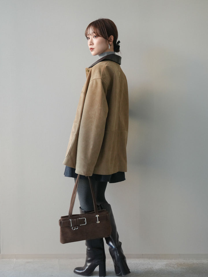 [SET]襟レザーステンカラースエードジャケット+ベルト付きタックミニスカート(2set)