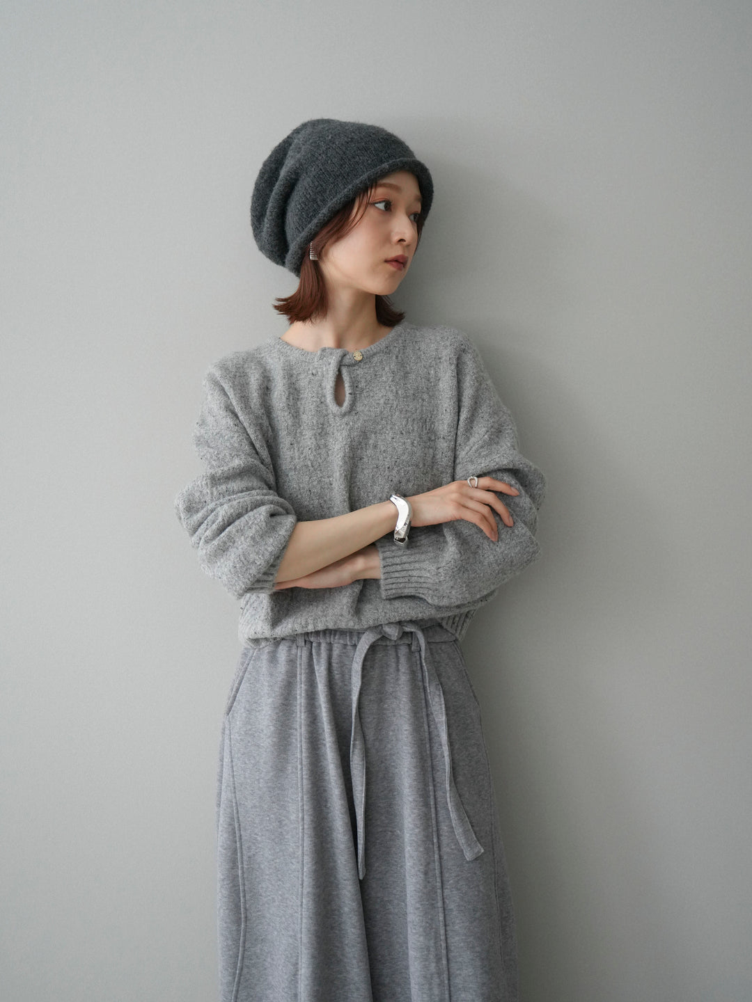 [予約]ツイストネックラメネップヤーンニットプルオーバー/gray