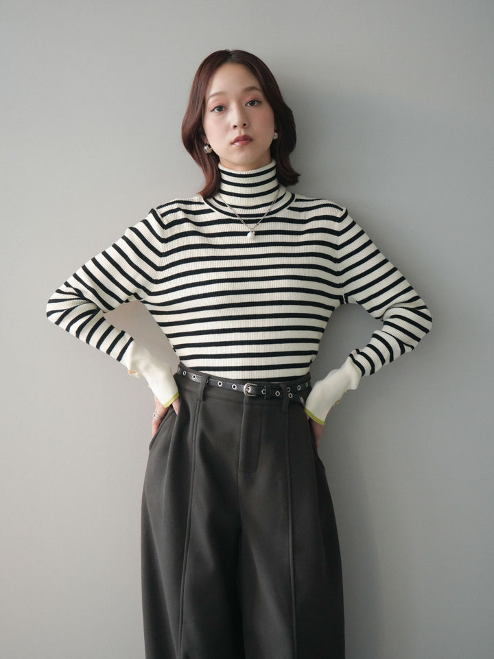 [SET]袖配色ハイネックボーダーリブニットトップス+ベルト付き裏起毛ワイドパンツ(2set)