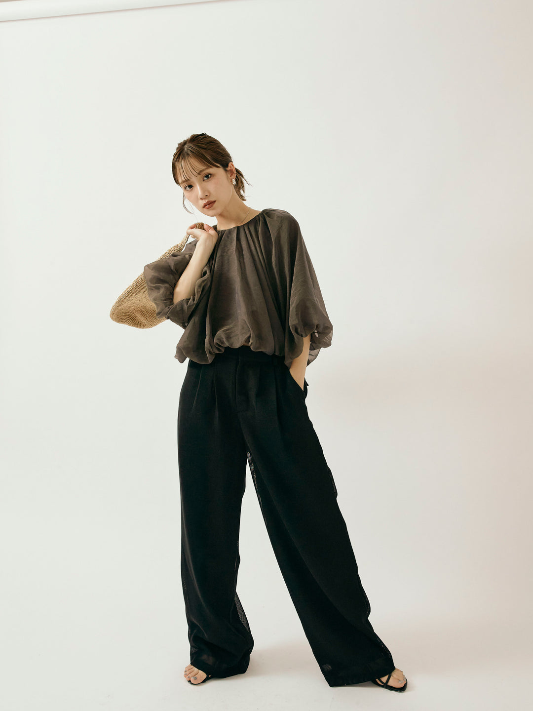 [予約]メッシュタックワイドパンツ/ブラック