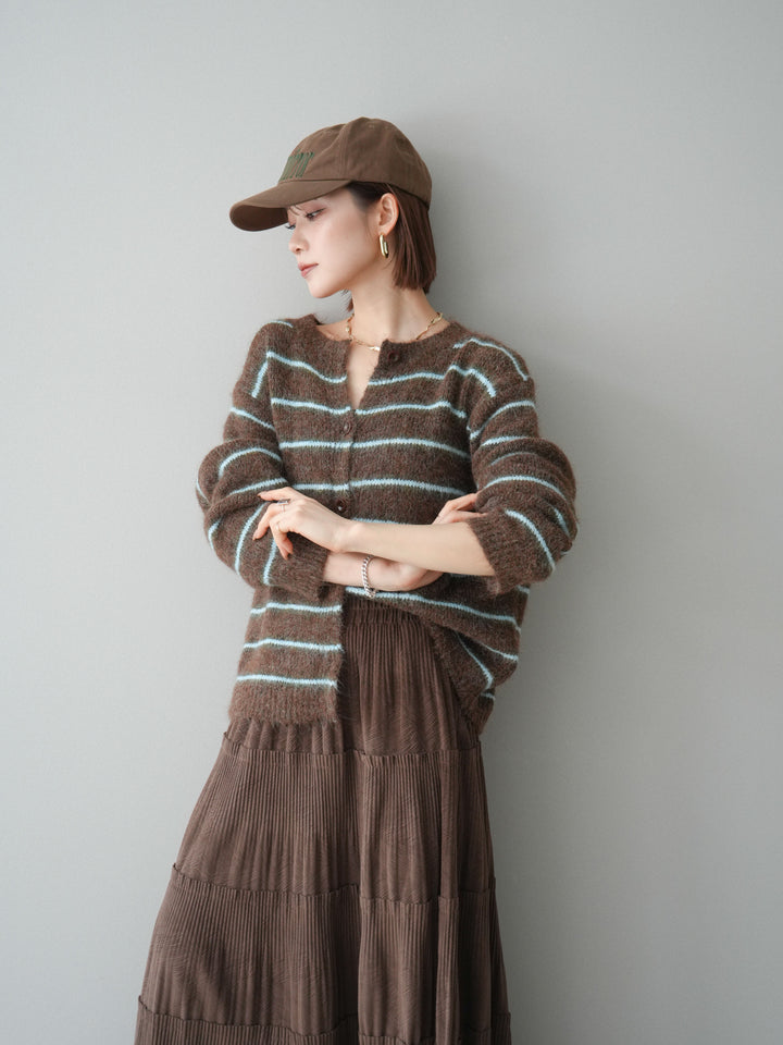 [予約]ボーダーシャギーニットカーディガン/brown
