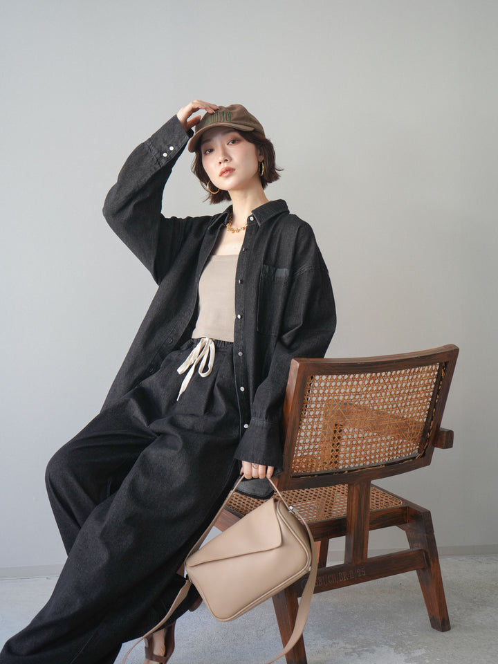 [SET]ポイントレザーオーバーデニムシャツ+ドロストワイドデニムパンツ(2set)