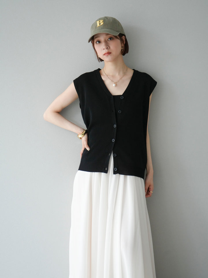 [SET] V領人造絲針織背心+雪紡喇叭裙（2件組）