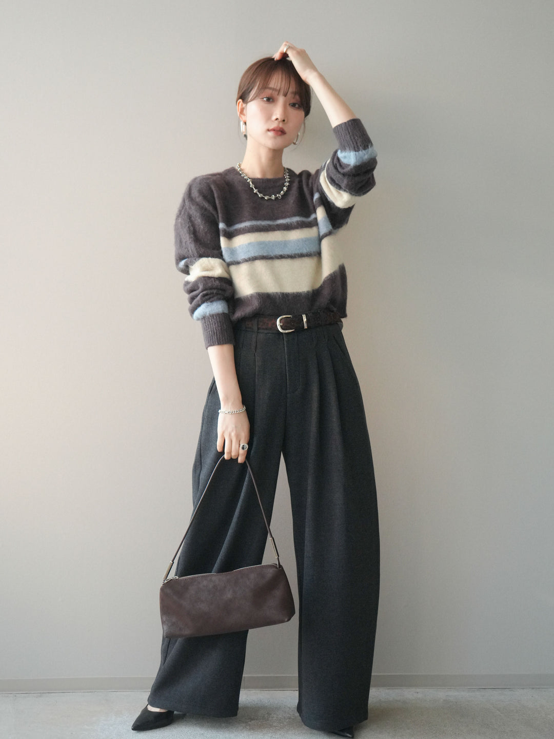 [予約]アニマル柄ベルト付きウールタッチワイドパンツ/charcoal