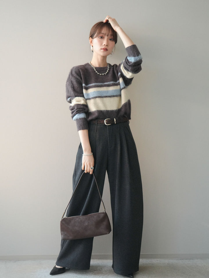 [予約]アニマル柄ベルト付きウールタッチワイドパンツ/charcoal